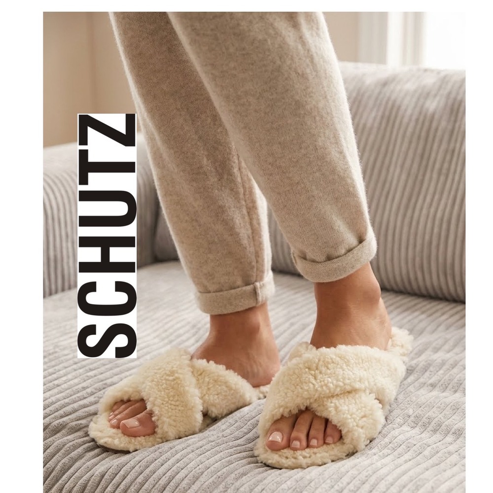 Schutz Cream Sherpa Fuzzy Crisscross Slide Sandals Slippers Womens 8.5B Brazil